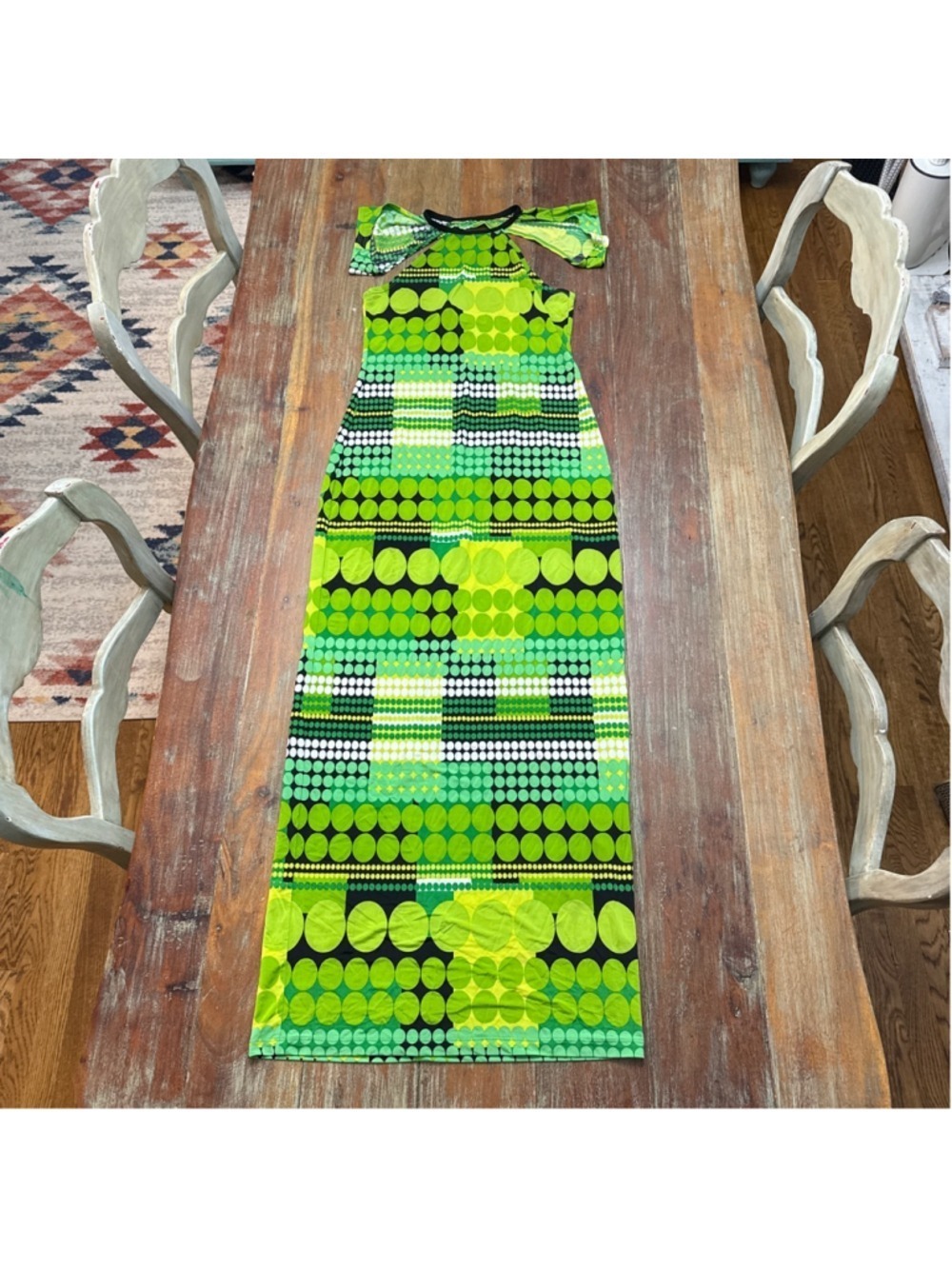 SAMMY B Geometric Polka Dot Maxi Dress M • Cold Shoulder Halter Neck Lime Green